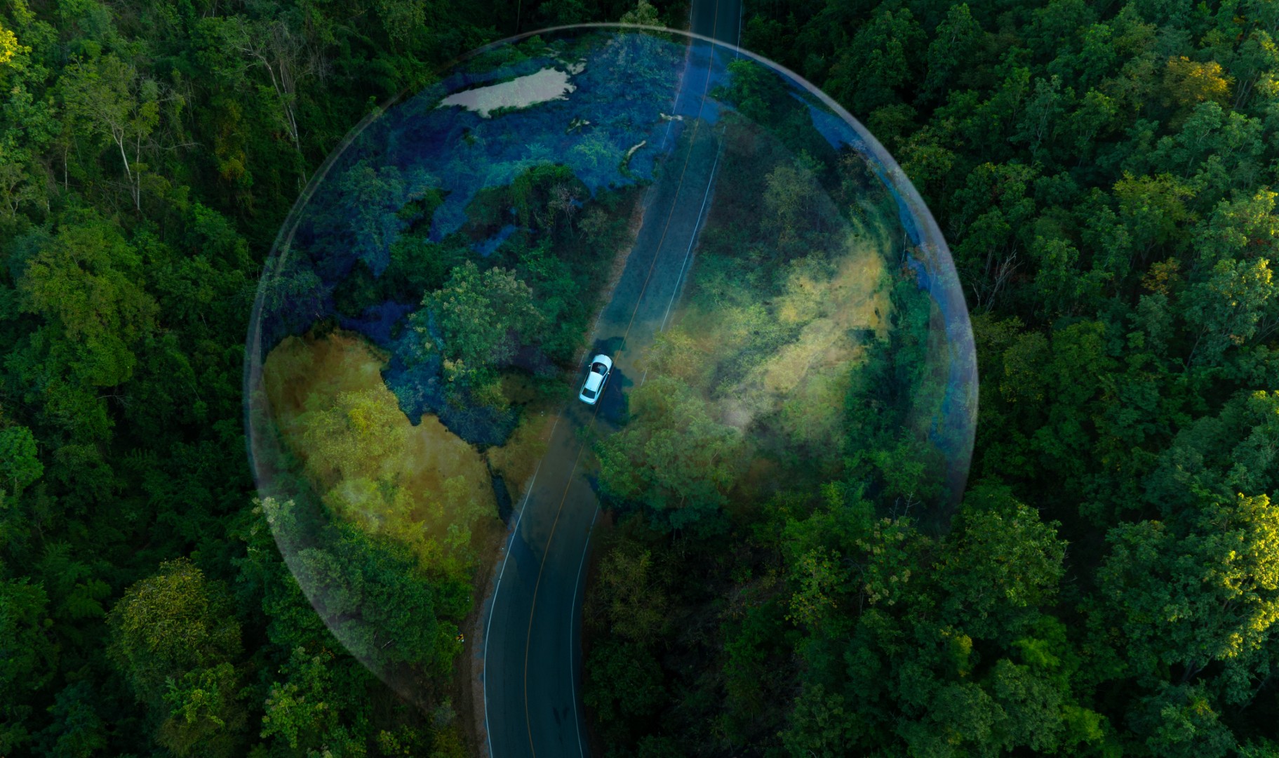 Top,View,Of,A,White,Electric,Car,Driving,Along,A